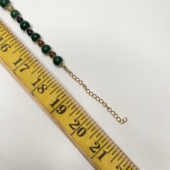 Emerald Green Gemstone Brown Agate Gemstone Beaded Necklace Gold Tone Boho - Picture 7 of 8